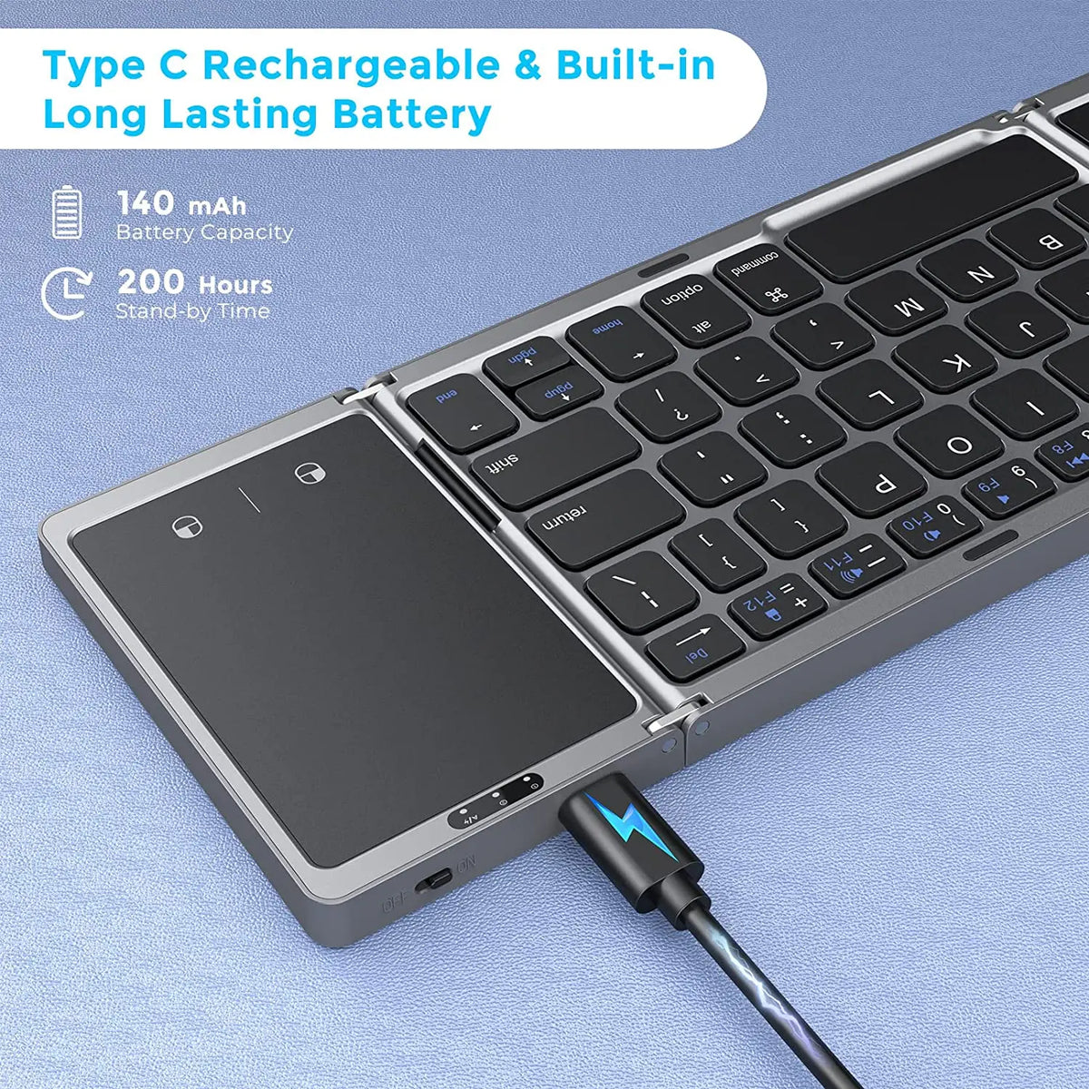 Kaksitoiminen Bluetooth 5.1 -näppäimistö, 3-osainen taitettava mininäppäimistö, ladattava taitettava näppäimistö kosketuslevyllä, Windows-, Android-, iOS- ja iPad-yhteensopiva