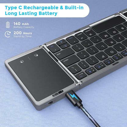 Kaksitoiminen Bluetooth 5.1 -näppäimistö, 3-osainen taitettava mininäppäimistö, ladattava taitettava näppäimistö kosketuslevyllä, Windows-, Android-, iOS- ja iPad-yhteensopiva