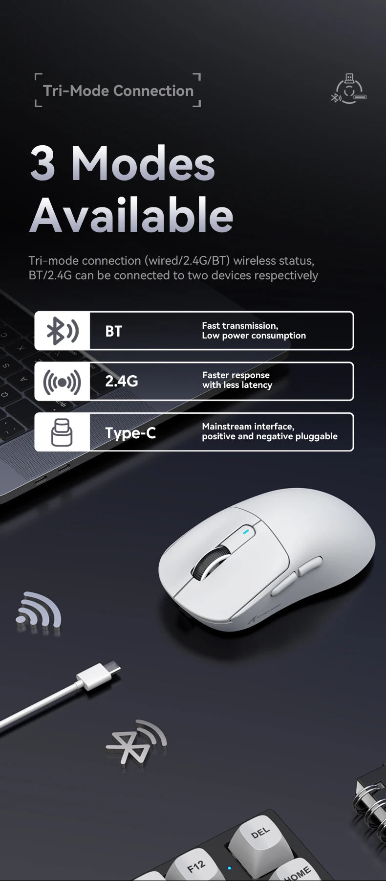 X3 Gaming Mouse Wireless ATTACK SHARK, punainen, 4K-palautusnopeus, Bluetooth Tri-Mode -yhteys, PAW3395, makroilla varustettu Bluetooth-pelihiiri