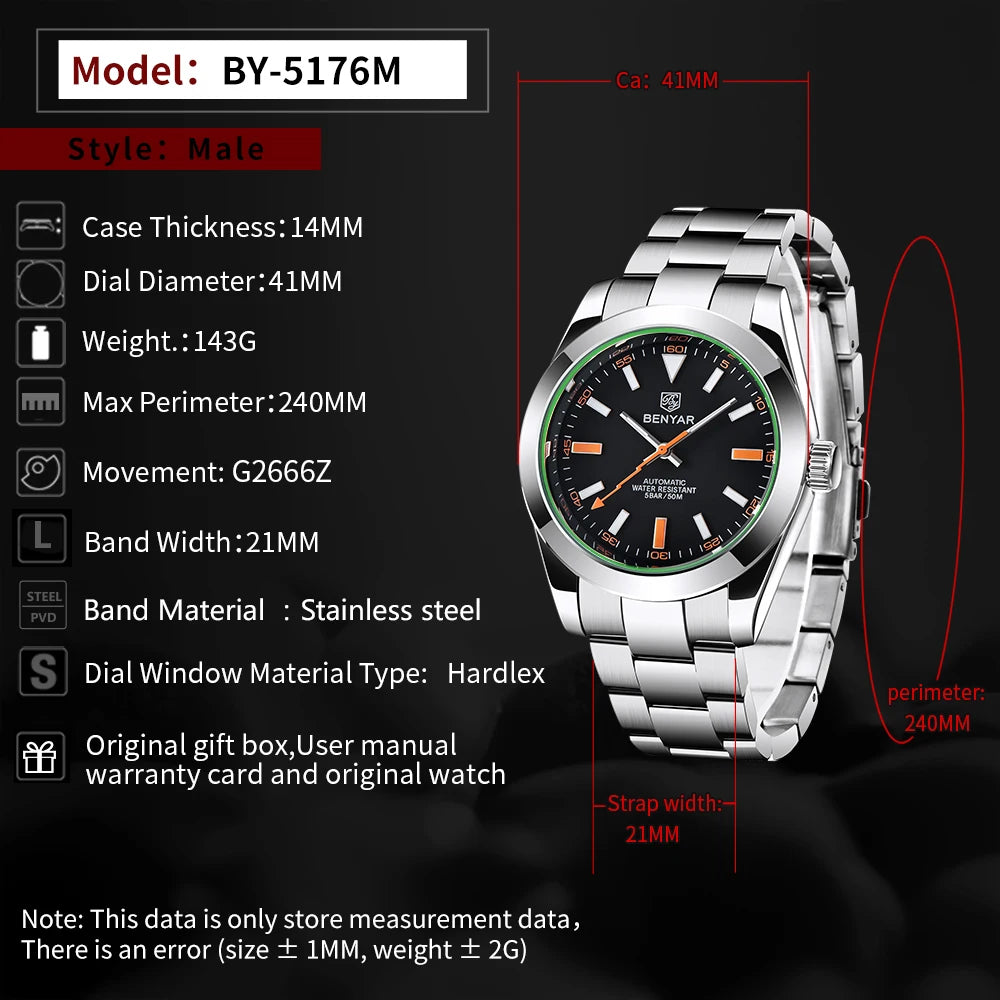 BENYAR 2026 New Mens Watches Top Brand Luxury Watch Men Automatic Mechanical Waterproof 50M Luminous Sports Wristwatch for Men