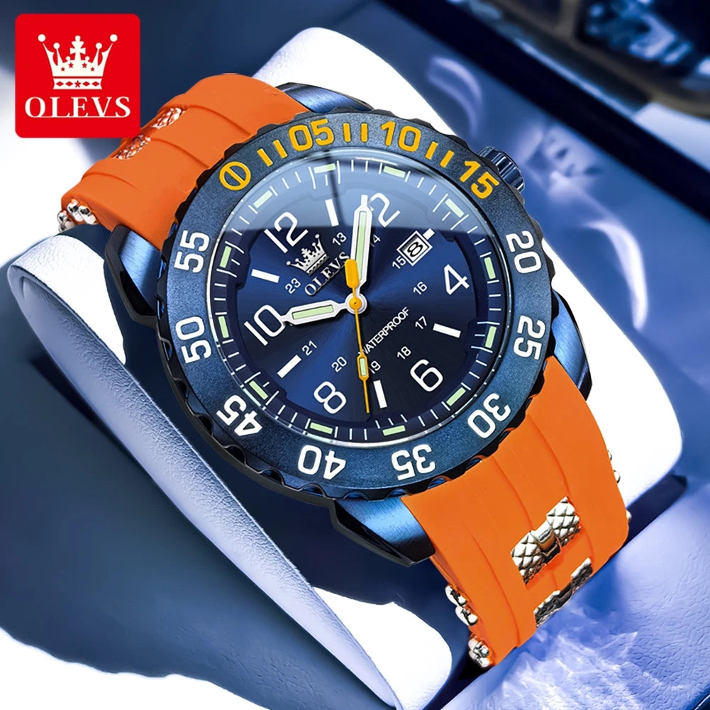OLEVS Luxe herenhorloge met kwartsmechanisme, waterdicht, lichtgevend oranje siliconen band, sportieve herenhorloges in militaire stijl