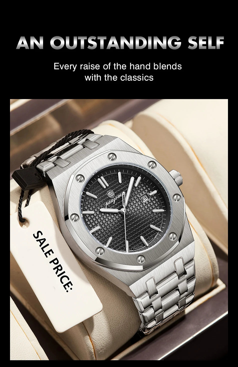 PAAZOMU Luxe vierkant herenhorloge met quartz, waterdicht, verlicht datumvenster, herenhorloge van roestvrij staal, zakelijke herenhorloges