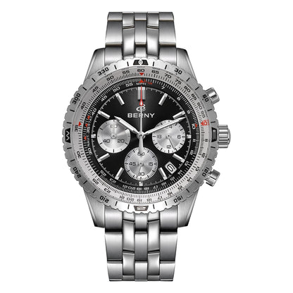 Pánské hodinky BERNY Aviation – křemenný chronograf s datem, safírovým sklem a ultraluminiscenční vrstvou – elegantní hodinky luxusní značky