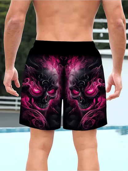 Pantalones cortos de playa para hombre con estampado de calaveras, pantalones cortos de surf con diseño gráfico 3D, para vacaciones, moda urbana, verano, estilo informal y psicodélico.