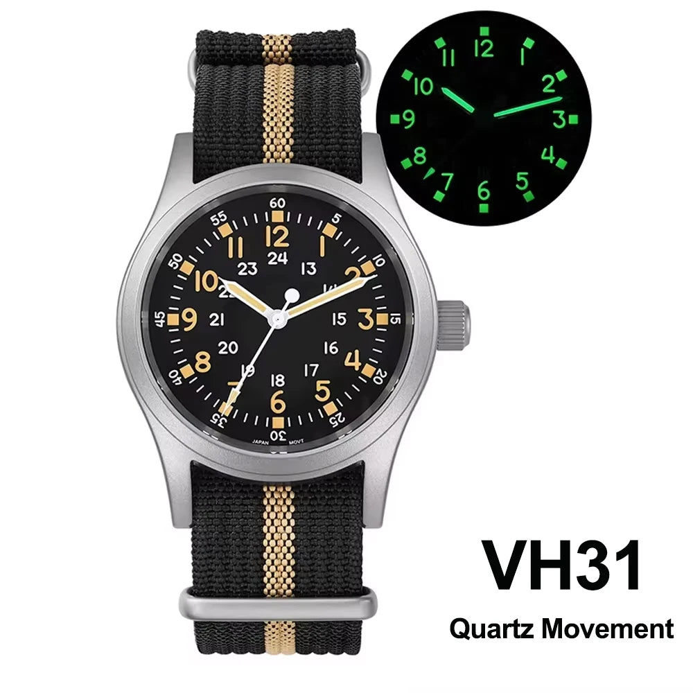 Militado ML05 38mm Military Field Watch VH31 Sweep Quartz Movement Domed Sapphire Crystal Waterproof 100M Super Luminous Watches