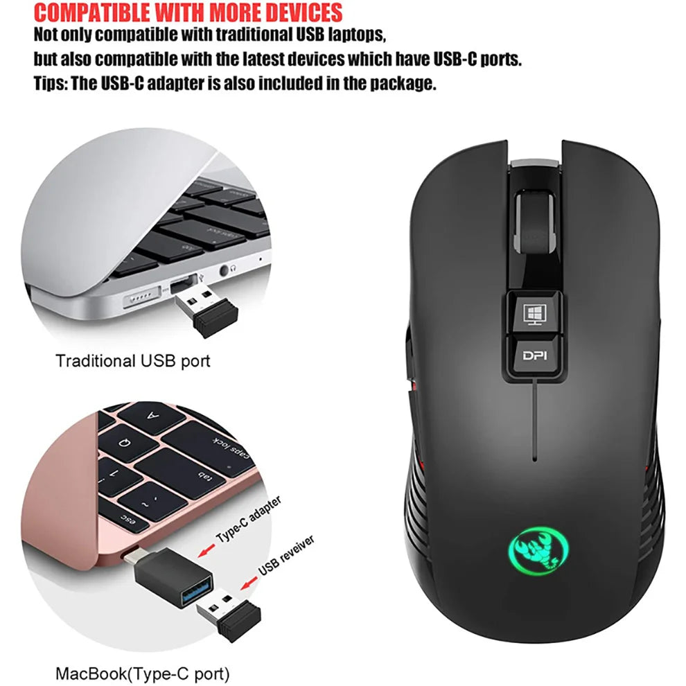 2.4G USB-C Wireless Mouse Rechargeable Gaming Mouse 3600DPI 7 Button Type-c Mute Mice for Macbook Laptop PC Game Mouse Computer