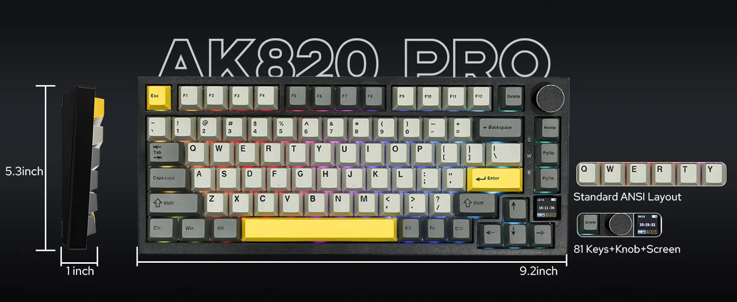 Ajazz AK820 Pro 75% Gasket-mounted Bluetooth 5.1/2.4G Wireless/Wired Mechanical Keyboard with TFT Screen for Mac/Win