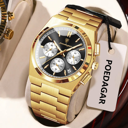 POEDAGAR Luxury Men's Watch Chronograph Date Stainless Steel Casual Man Clock Waterproof Luminous Fashion Quartz Watches For Men