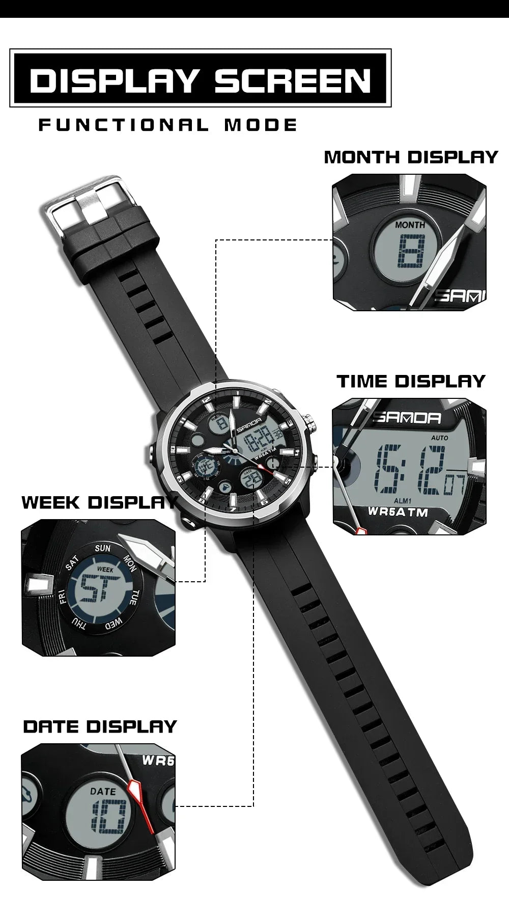 SANDA 9053 G Sportieve militaire herenhorloges Luxe digitaal horloge 50 m waterdicht quartz-polshorloge voor mannen Relogios Masculino