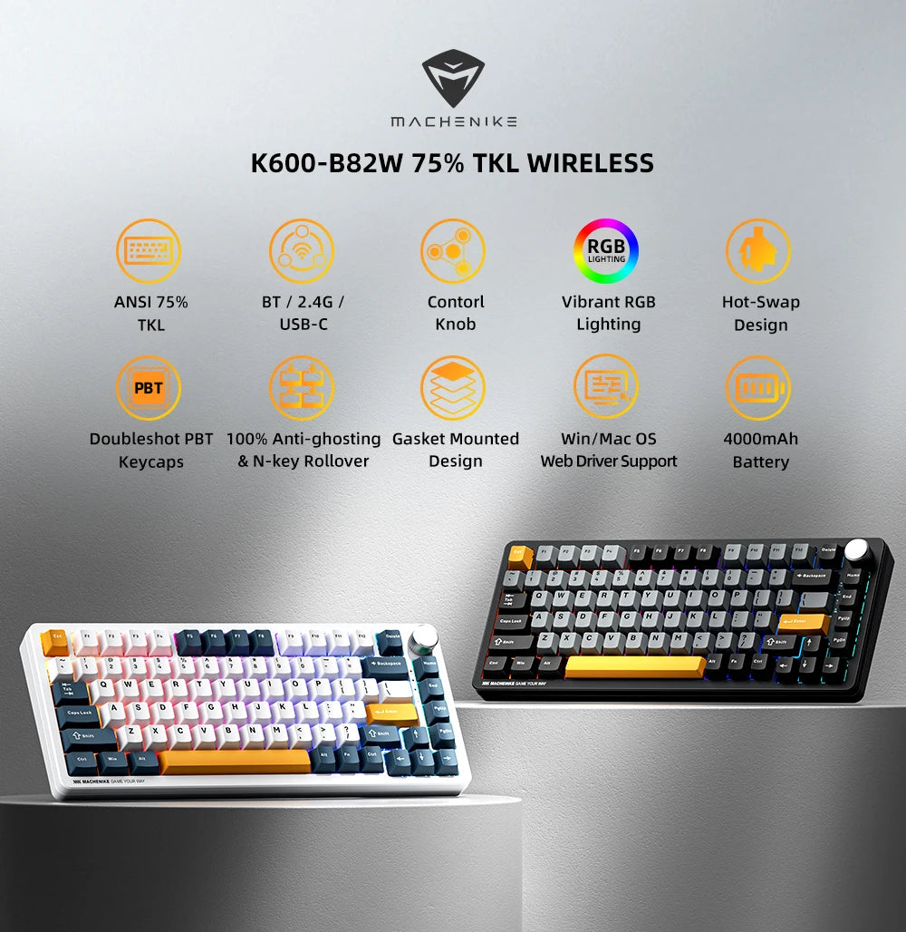 Machenike K600-B82W Mechanical Keyboard Tri-Modes Gasket Mounted 75% ANSI Layout RGB Backlit Wireless Gaming Keyboard