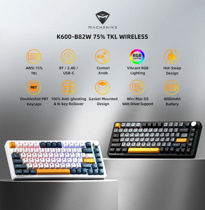 Machenike K600-B82W Mechanical Keyboard Tri-Modes Gasket Mounted 75% ANSI Layout RGB Backlit Wireless Gaming Keyboard