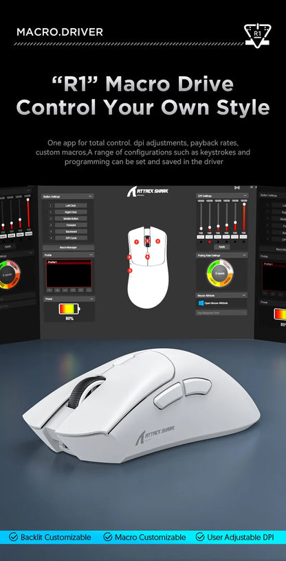 Attack Shark R1 Lightweight Bluetooth 2.4G Wireless Gaming Mouse PAW3311 18000DPI Ergonomic Macro Mice