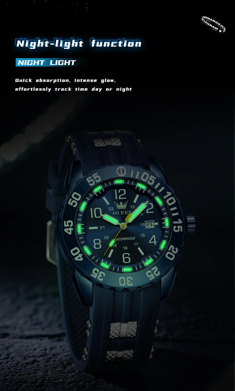 OLEVS Luxe herenhorloge met kwartsmechanisme, waterdicht, lichtgevend oranje siliconen band, sportieve herenhorloges in militaire stijl