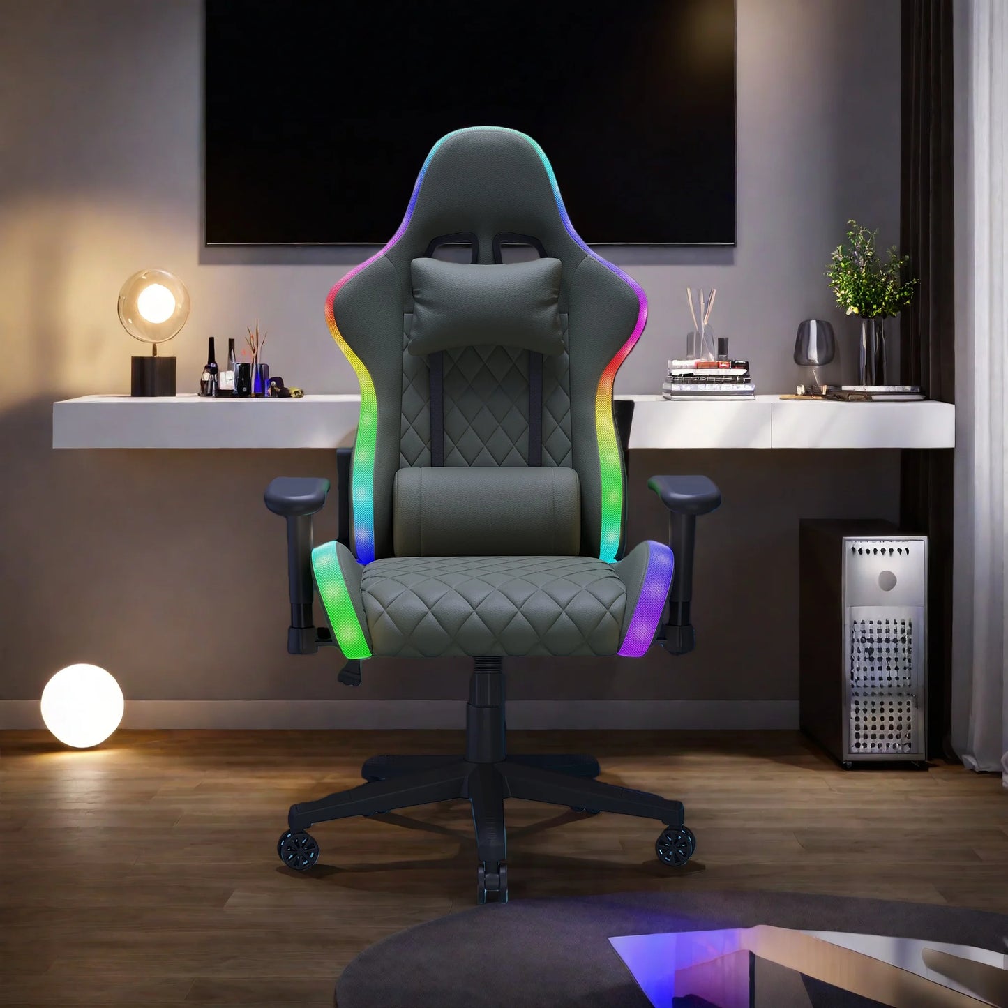 Anajqaqia RGB LED Gaming Chair with Lumbar Massage, Ergonomic Office Chair, Adjustable Reclining Computer Chair 90-135° Backrest