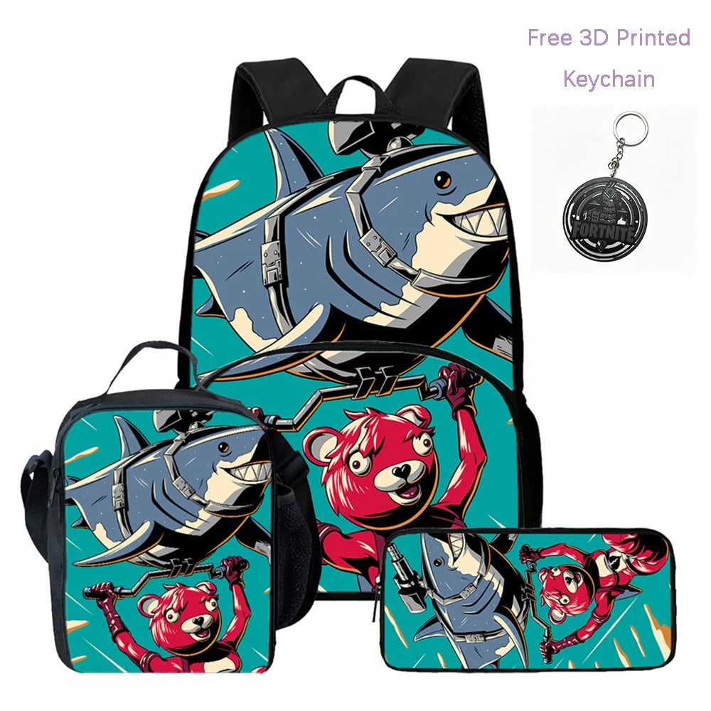 Lightweight FORTNITE 3Pcs Backpack With Front Pocket Lunch Bag Pencil Bag Free 3D Printed Keychain For Boys Girls Kids Aged 5-10