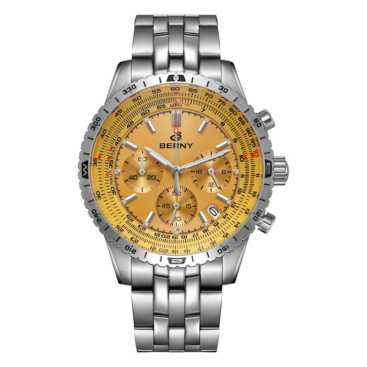 Pánské hodinky BERNY Aviation – křemenný chronograf s datem, safírovým sklem a ultraluminiscenční vrstvou – elegantní hodinky luxusní značky