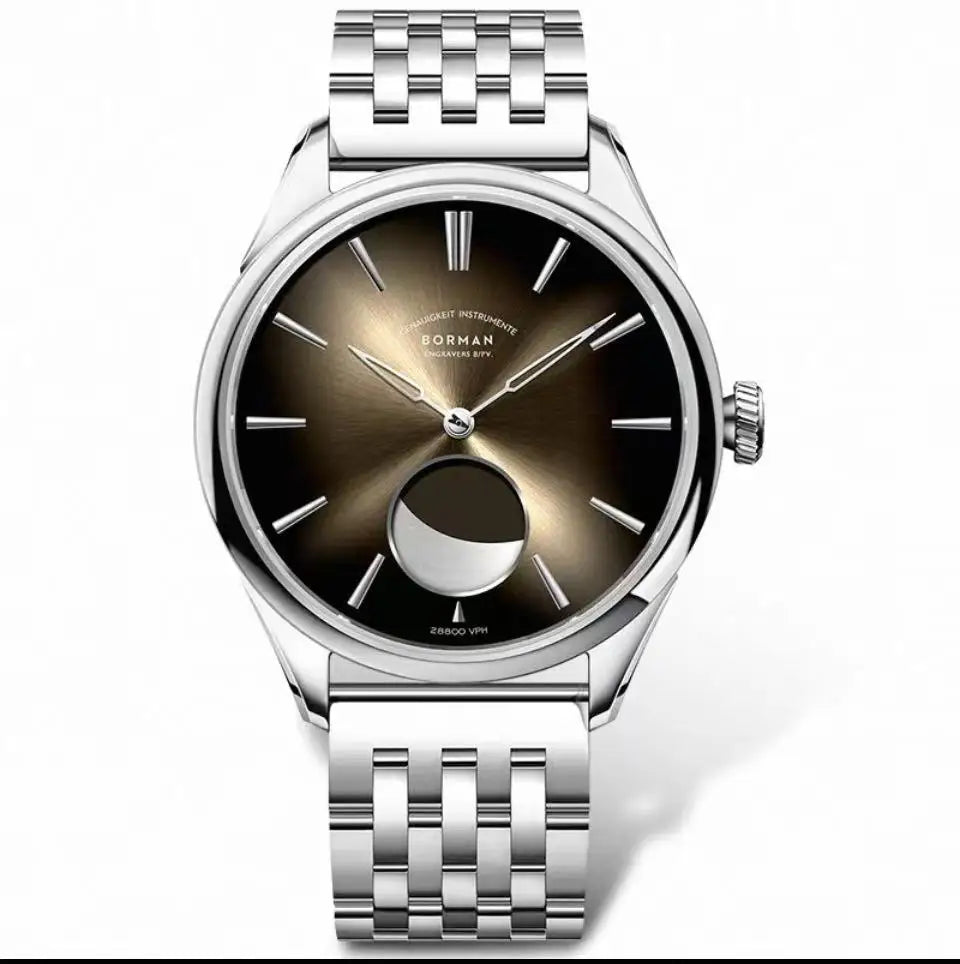 Borman Men's Automatic Watches, Luxury Moon Phase Mechanical Wristwatch, Fashionable 50M Waterproof with Sapphire Leather Strap