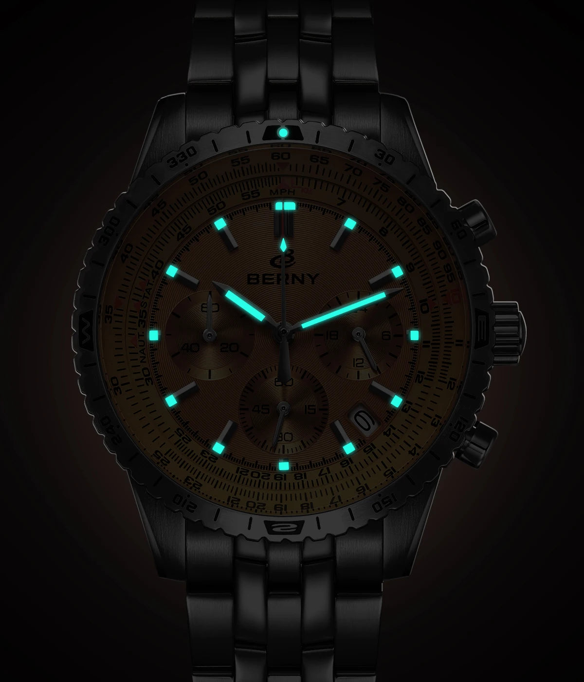 Pánské hodinky BERNY Aviation – křemenný chronograf s datem, safírovým sklem a ultraluminiscenční vrstvou – elegantní hodinky luxusní značky