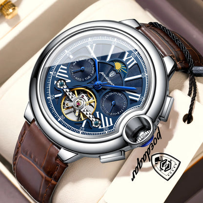 POEDAGAR-luksuskello miehille – Mekaaninen automaattikello, jossa on päivämäärä- ja viikonpäivänäyttö, nahkaranneke, tourbillon, vesitiivis, tyylikäs ja ammattimainen.