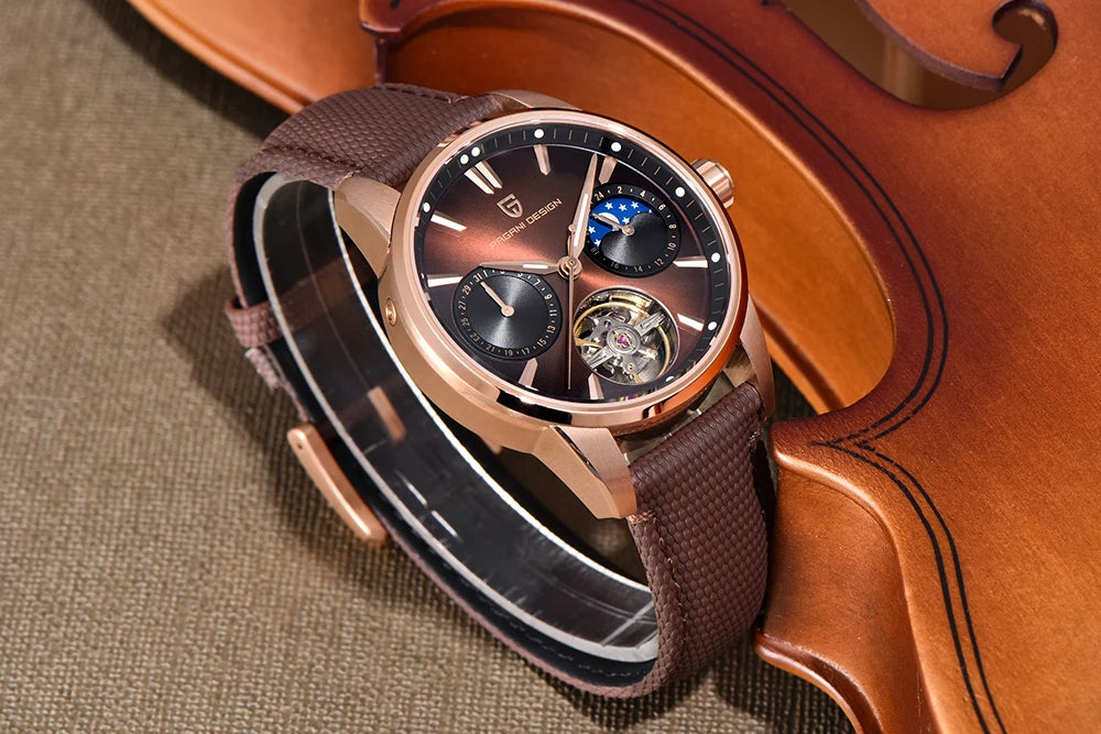 PAGANI DESIGN – Ceas mecanic de lux pentru bărbați, 41 mm, sticlă de safir, curea din piele, rezistent la apă, stil pilot, cu turbilion și fază lunară