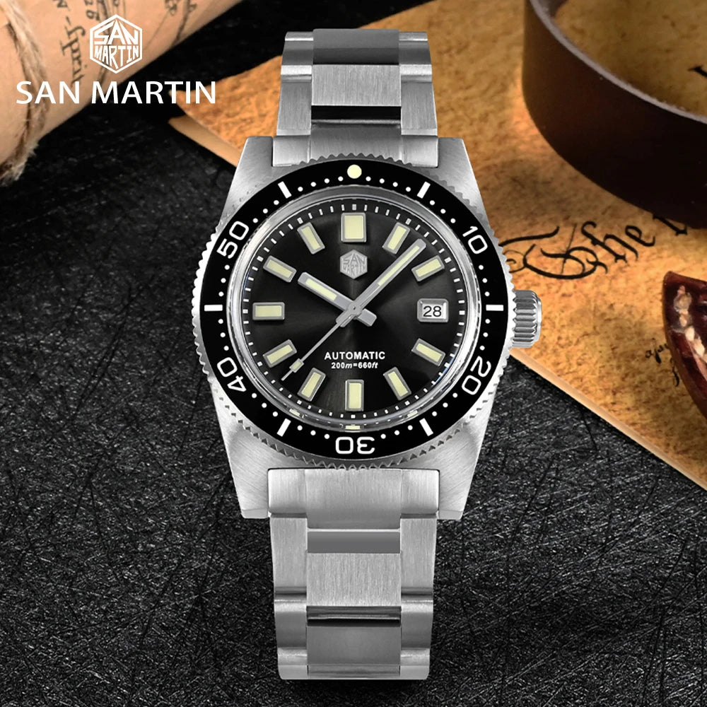 San Martin New 62mas 37mm Diver Men's Watch Classic Luxury Sapphire PT5000 SW200 Automatic Mechanical Watches Date 20Bar Luminous