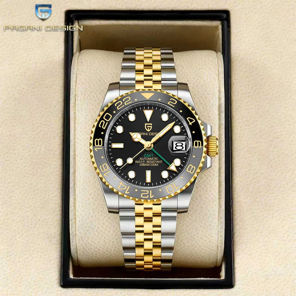 Relógio mecânico para homem Pagani Design GMT – Modelo de luxo com vidro de safira, caixa em aço inoxidável e luneta em cerâmica – Relógio automático para homem, estilo profissional
