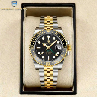 Relógio mecânico para homem Pagani Design GMT – Modelo de luxo com vidro de safira, caixa em aço inoxidável e luneta em cerâmica – Relógio automático para homem, estilo profissional