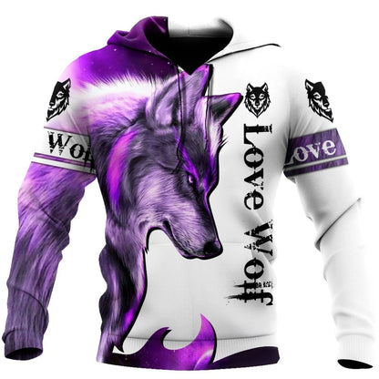 Moda Otoño: sudaderas con capucha con estampado de león y lobo, piel de tigre blanco en 3D por toda la prenda, sudadera de hombre, chaqueta unisex con cremallera, chaqueta informal