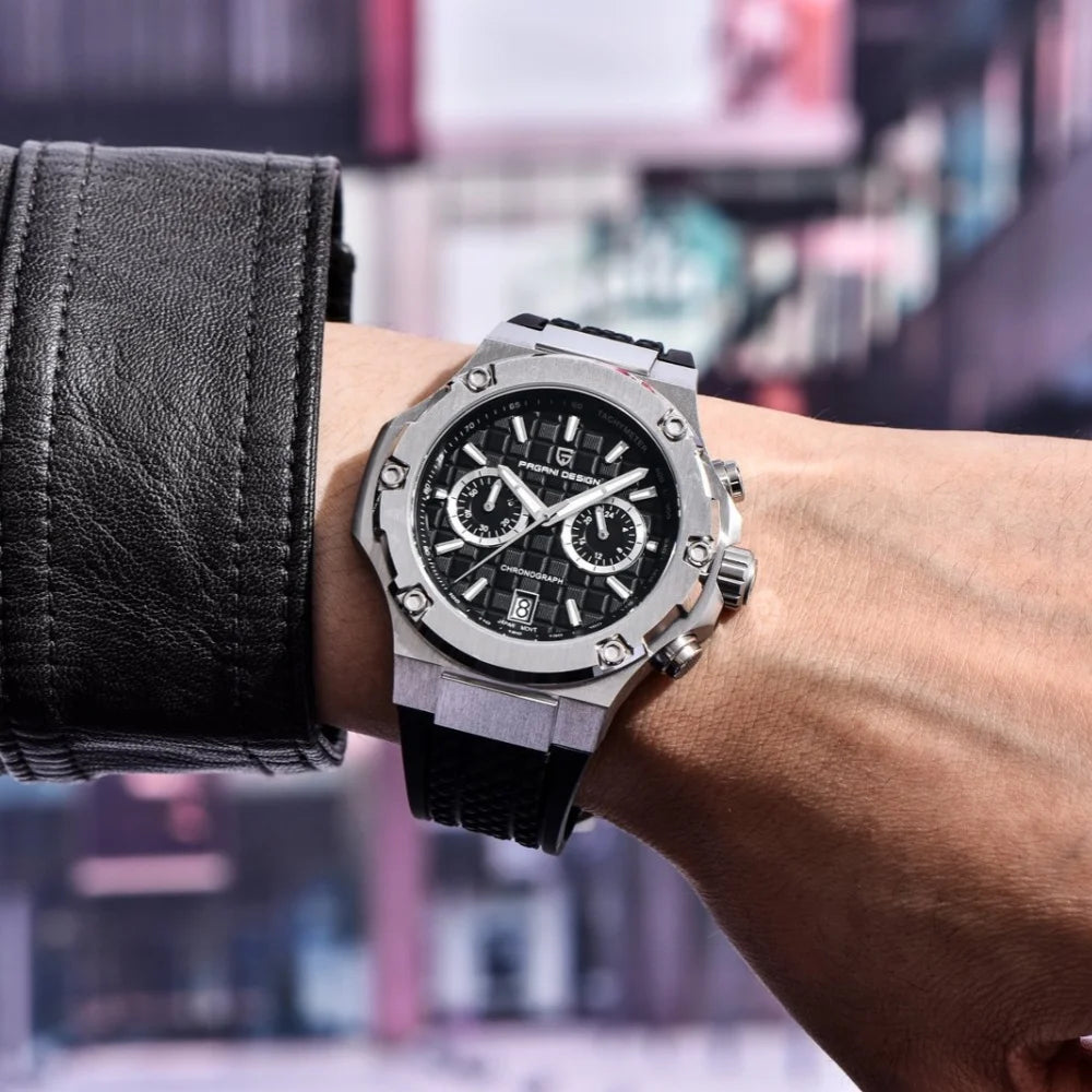 PAGANI DESIGN PD-YS032 Men's Quartz Watch 44mm Japan VK64 Movement Stainless Steel Case Rubber Strap Sapphire Glass 100M Waterproof
