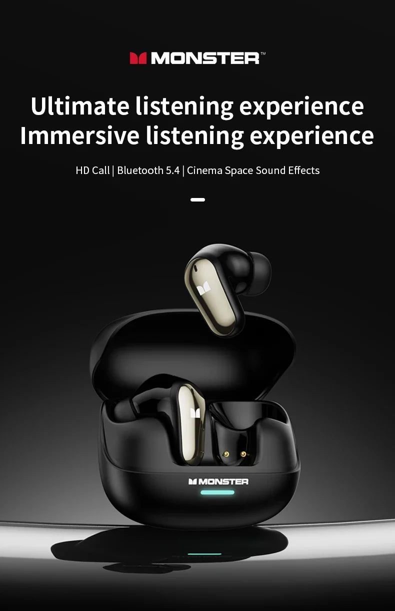 Monster MQT52 TWS Wireless Gaming Headset Bluetooth 5.4 HiFi Stereo Earbuds, Wireless Gaming Headset with Noise Cancelling Mic, Touch Control, 24H Battery, Bluetooth Gaming Earphones