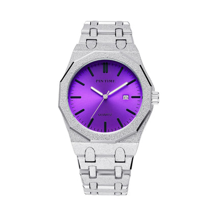 Octagon Wristwatch Glitter Textured Case Purple Dial Date Display Quartz Watch Unisex Stylish Trendy Casual Fashion Watch