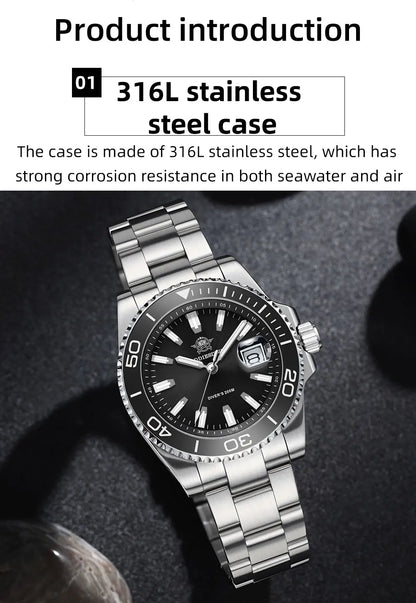 ADDIESDIVE New AD2510 Luxury Men's Diving Watch 41mm BGW9 Luminous Enamel Dial Screw-down Crown Durable Stainless Steel Strap