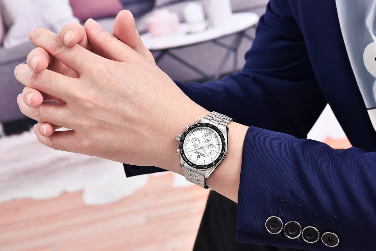 Relógio para homem PAGANI DESIGN «New Moon» – Relógio de quartzo de luxo, cronógrafo, vidro de safira com tratamento antirreflexo, luneta em cerâmica, ponteiros luminescentes