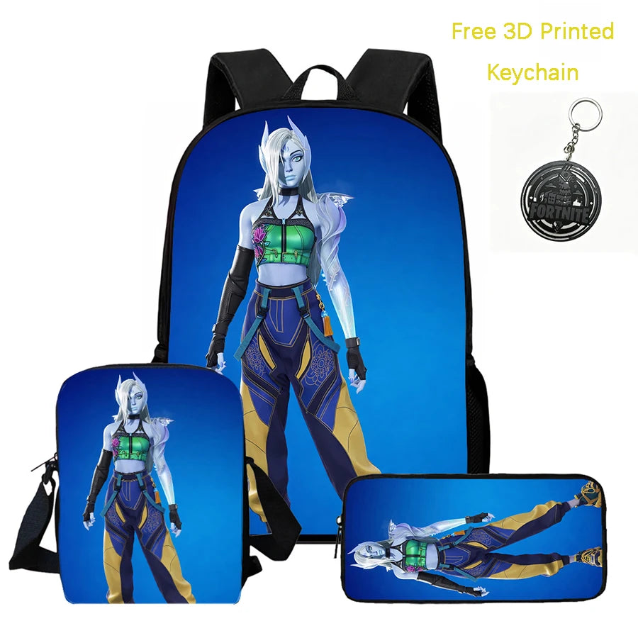 3Pcs Kids Backpack Set, Crossbody & Pencil Bag, FORTNITE Cartoon Bag, Lightweight for Boys Girls 5-10, Free 3D Printed Keychain