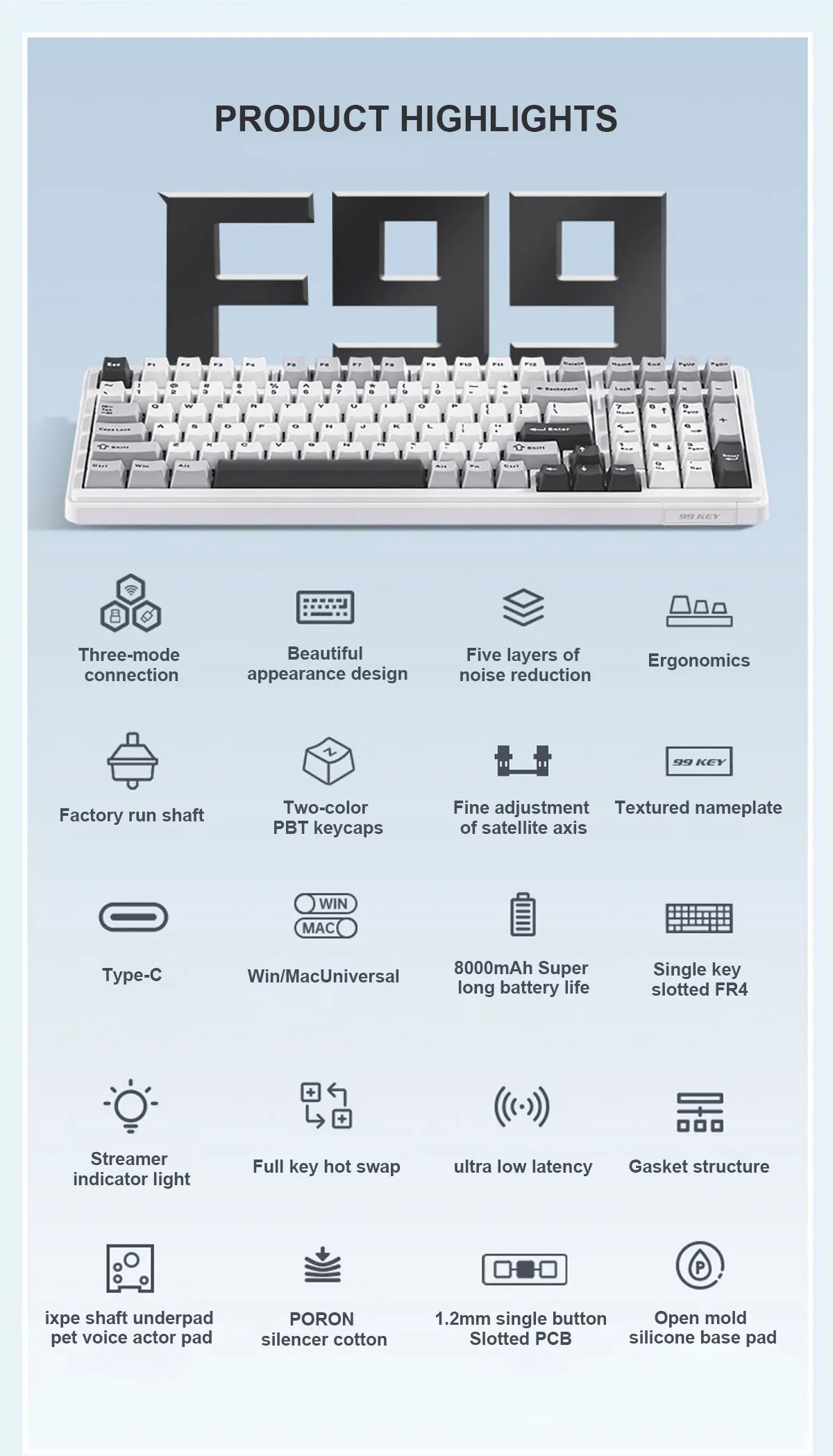 AULA F99 Mechanical Keyboard Bluetooth 5.0/2.4G Wireless/Wired Gasket-mounted Gaming Keyboard 99 Keys Customizable Keyboards