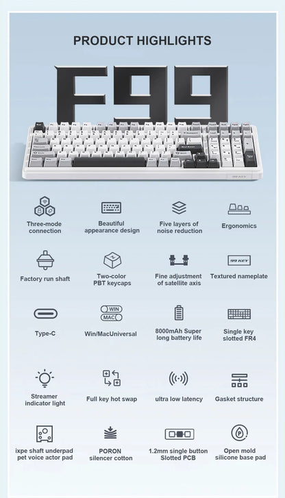 AULA F99 Mechanical Keyboard Bluetooth 5.0/2.4G Wireless/Wired Gasket-mounted Gaming Keyboard 99 Keys Customizable Keyboards
