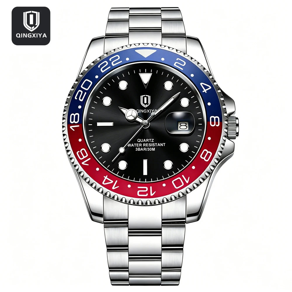 QINGXIYA Luxe herenhorloges met kwartsmechanisme, roestvrij staal, waterdicht, verlicht, datumweergave, herenpolshorloge, reloj hombre