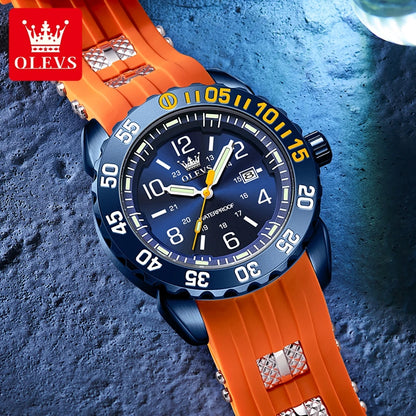 OLEVS Luxe herenhorloge met kwartsmechanisme, waterdicht, lichtgevend oranje siliconen band, sportieve herenhorloges in militaire stijl