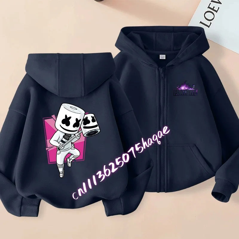 Casaco com capuz infantil Fortnite de outono, com fecho, estampado com personagem de jogo em estilo cartoon, casaco de inverno para criança, roupa para menino