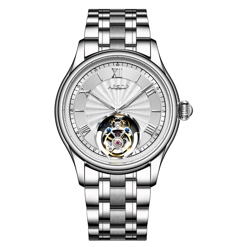 AESOP Mens Mechanical Wristwatches Flying Tourbillon Movement Skeleton Watch for Men Man Luxury Clocks Real Tourbillon Watch