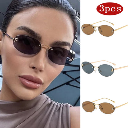 Zestaw 3 par damskich modnych okularów przeciwsłonecznych bez oprawek w stylu retro, małe owalne, ze stopu metali, eleganckie okulary przeciwsłoneczne z gradientowymi szkłami, okulary na zewnątrz i w podróży