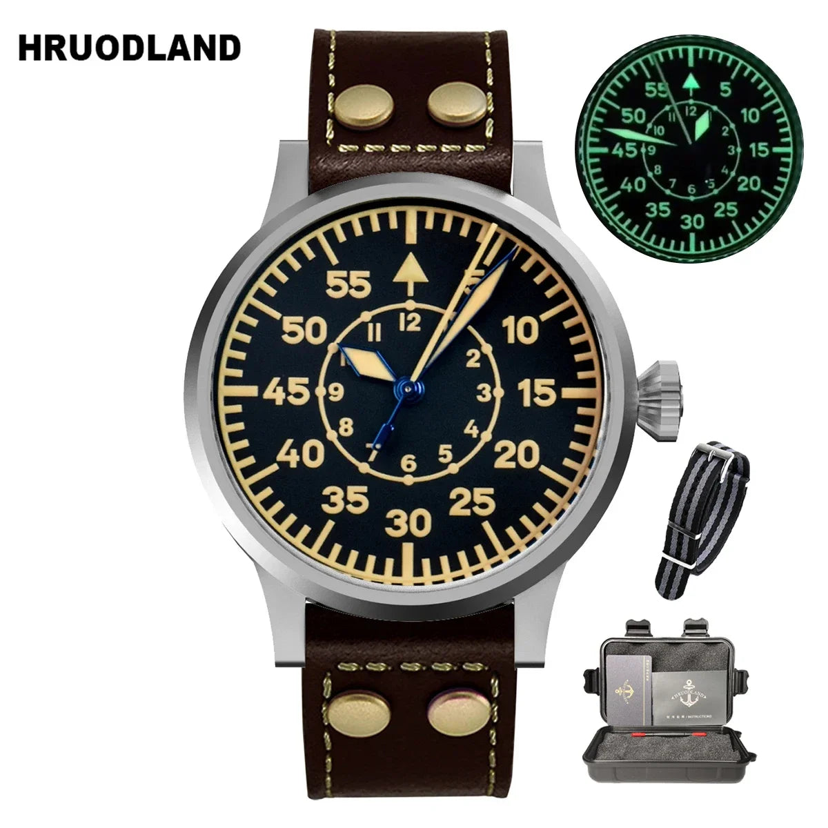 Hruodland 2025 New Pilot Men's Automatic Mechanical Watch PT5000 Sapphire Luminous C3 Stainless Steel Waterproof 10Bar Watch