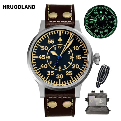 Hruodland 2025 New Pilot Men's Automatic Mechanical Watch PT5000 Sapphire Luminous C3 Stainless Steel Waterproof 10Bar Watch