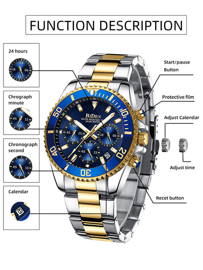 BIDEN Multi-functional men's quartz watch luxury waterproof night light business style diving series casual fashion watch