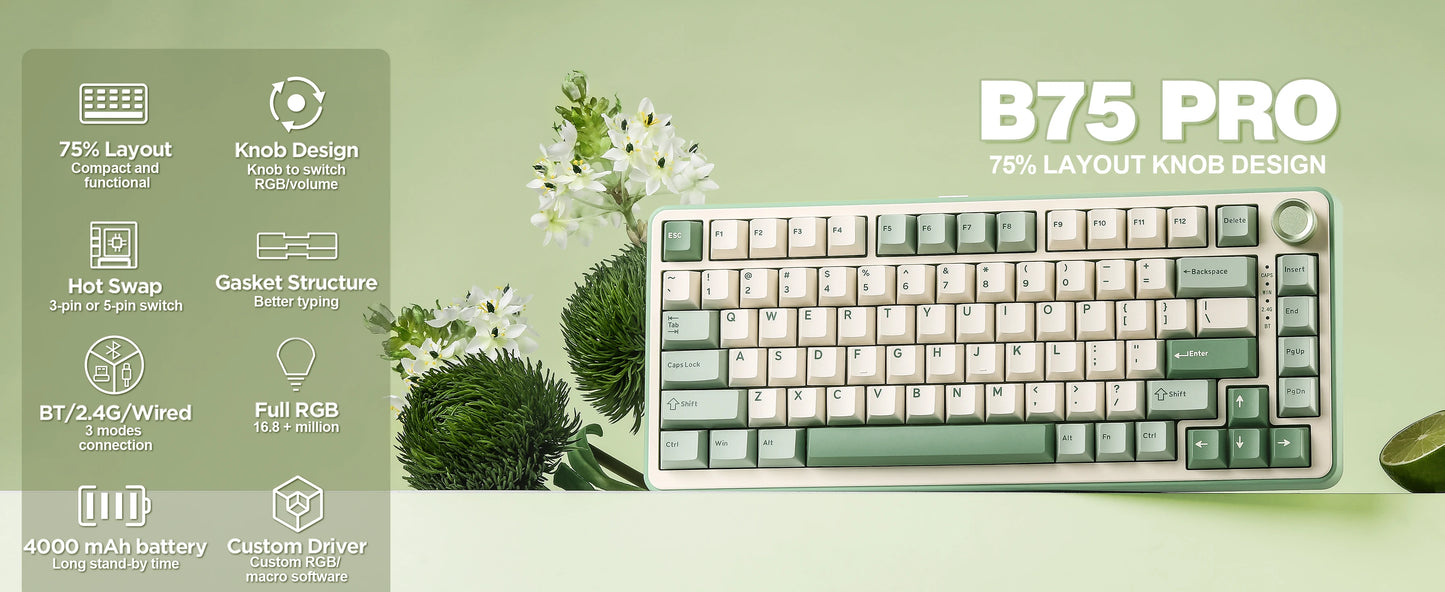 YUNZII B75 PRO Green Mechanical Gaming Keyboard, Gasket 75 Knob RGB Keyboard, BT/Wired/Wireless Hot-Swap Custom Creamy Keyboard