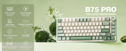 YUNZII B75 PRO Green Mechanical Gaming Keyboard, Gasket 75 Knob RGB Keyboard, BT/Wired/Wireless Hot-Swap Custom Creamy Keyboard