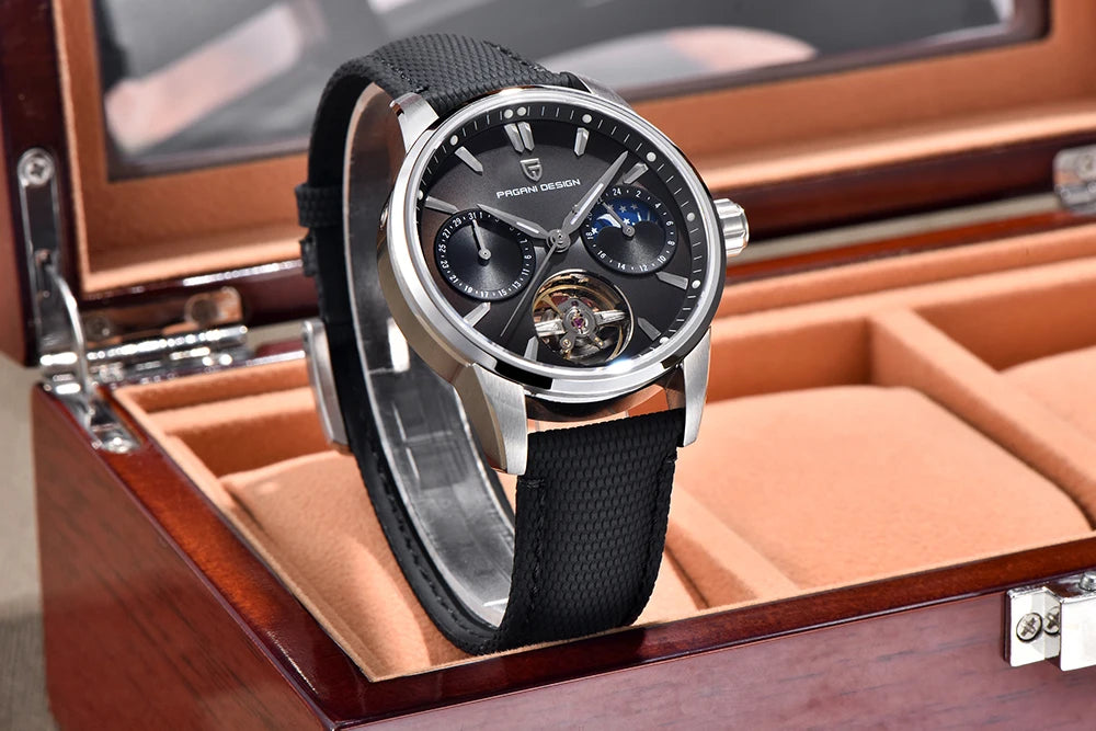 PAGANI DESIGN – Ceas mecanic de lux pentru bărbați, 41 mm, sticlă de safir, curea din piele, rezistent la apă, stil pilot, cu turbilion și fază lunară