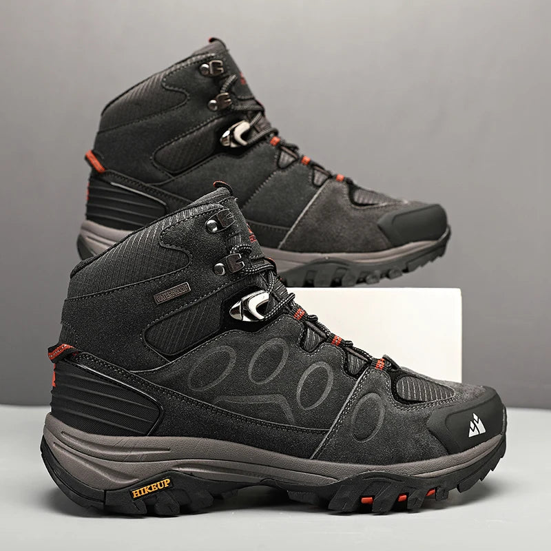 Botas de caminhada de cano alto para homem HIKEUP, calçado de inverno para exterior, com atacadores, antiderrapante, desportivo e casual, botas de trekking em camurça, quentes para homem