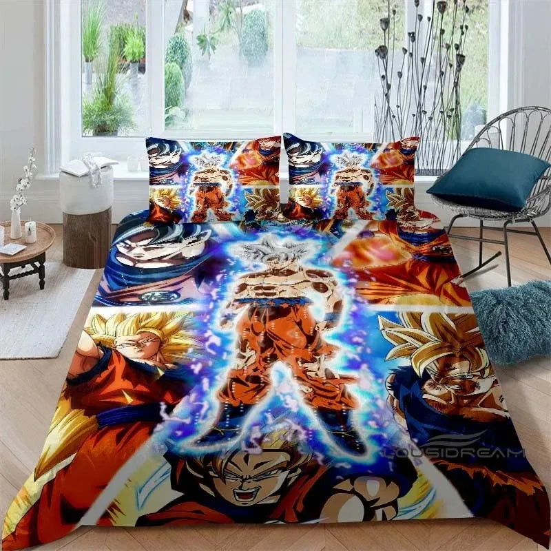 Rajzfilm/anime Son Goku Dragon Ball témájú nyomtatott ágyneműkészlet: Ez a puha és kényelmes készlet egy paplanhuzatot és párnahuzatot tartalmaz.