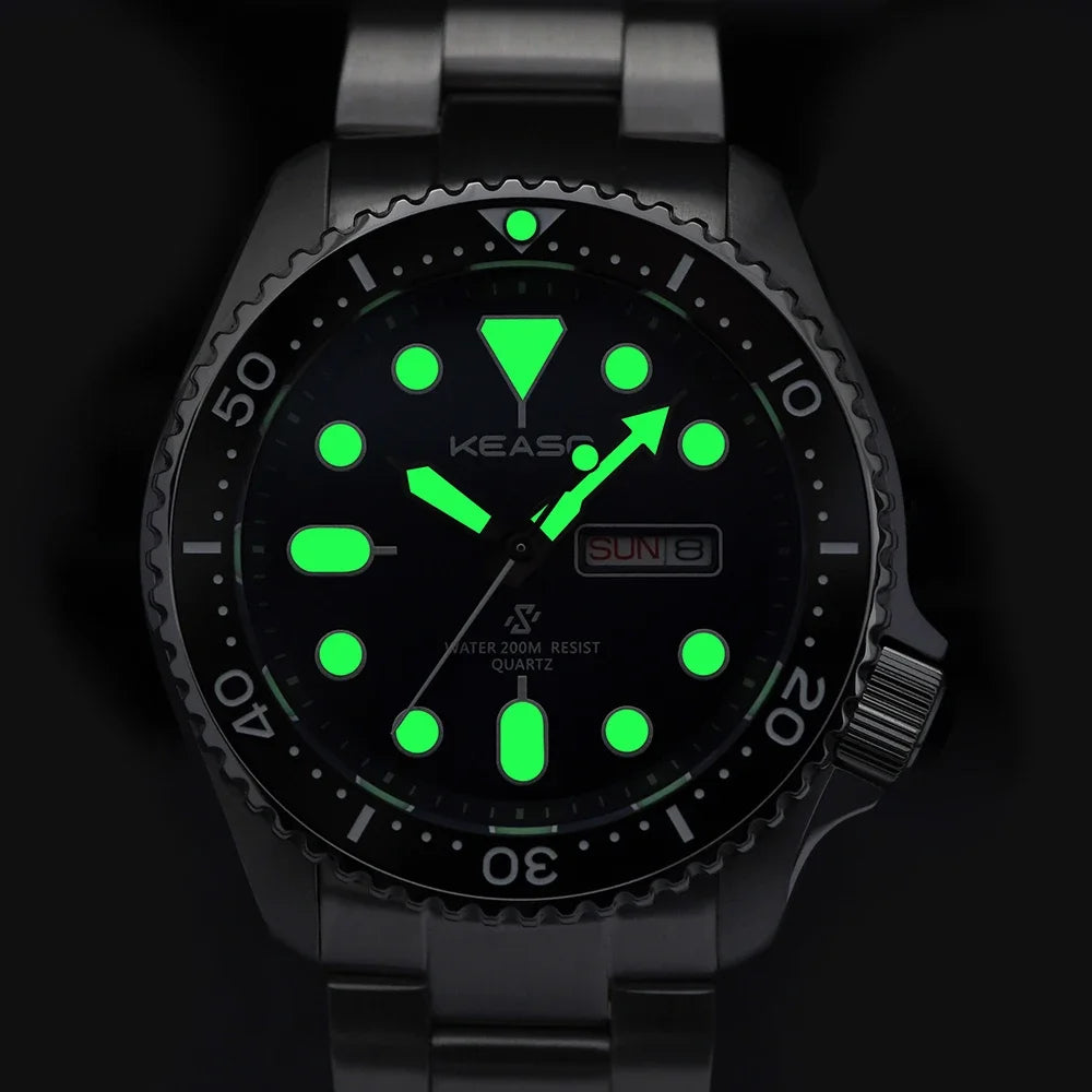 KEASO Top Men's Dive Watch C3 Super Luminous 316L Solid Steel 20Bar Waterproof Sapphire Mirror MIYOTA 2035 Quartz Movement Watch